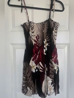 Smocked Tropical Top in Black, Burgundy & Cream